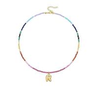 jiingekk Collier réglable en forme de lettre à bulles arc-en-ciel avec perles de pierres précieuses colorées, plaqué or 14 carats, accessoire de bijoux de plage, collier avec initiale en pierre