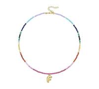 jiingekk Collier réglable en forme de lettre à bulles arc-en-ciel avec perles de pierres précieuses colorées, plaqué or 14 carats, accessoire de bijoux de plage, collier avec initiale en pierre