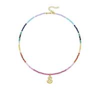 jiingekk Collier réglable en forme de lettre à bulles arc-en-ciel avec perles de pierres précieuses colorées, plaqué or 14 carats, accessoire de bijoux de plage, collier avec initiale en pierre