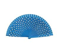jiingekk Éventail pliable en bois de flamenco espagnol avec motif à pois, moderne, classique, vintage, pour danse, perfornamnces fête, bleu ciel et pois blancs