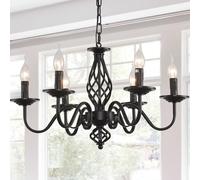JIINOO Lustre Traditionnel Pays, Vintage Hauteur Réglable Fer Forgé Chandelier Noir, 6 Lumières Plafonnier Classique Suspension pour Cuisine, Salle à Manger, Salon