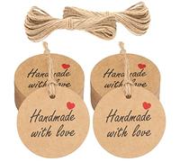 jijAcraft Étiquettes en Papier Kraft Ronde 5cm “Handmade with Love”, 100 pièces avec Ficelle de Jute, pour les Cadeaux de Fête Faits à la Main (marron)