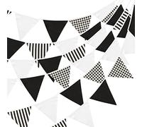 jijAcraft Guirlande de Fanions en Tissu, 12M Bannière Triangle Guirlande Tissu Rayé, 48 Côtés Noir Triangle Bunting pour Fête d'anniversaire Les Goûter l'après-midi Activités de Plein Air