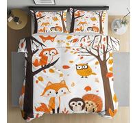 Jijliczc Housse de Couette 140x200cm Hérisson Renard Dessin Animé Parure de Lit Arbre Feuilles Caduques Housse Couette 1 Personnes avec 2 Taies d'oreiller Doux et Respirant Polyester Ensembles 65x65cm
