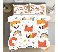 Jijliczc Housse de Couette 140x200cm Renard Mignon Parure de Lit Étoiles Arc-en-Ciel Dessins Animés Housse Couette 1 Personnes avec 2 Taies d'oreiller Doux et Respirant Polyester Ensembles 65x65cm