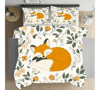 Jijliczc Housse de Couette 90x190cm Animal Renard Dessin Animé Parure de Lit Plante Fleurs Mignonne Housse de Couette avec 1 Taies d'oreiller, Housses Couette Convient aux Enfants et Adolescent