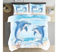 Jijliczc Housse de Couette 90x190cm Dauphin Étoile Mer Dessin Animé Parure de Lit Doux avec Fermeture Éclair Vagues Créatures Marines Bleues Housse Couette Enfant avec 1 Taies d'oreiller 65x65cm