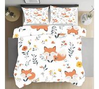 Jijliczc Housse de Couette 90x190cm Renard Dessin Animé Parure de Lit Plante Fleurs Mignonne Housse de Couette avec 1 Taies d'oreiller, Housses Couette Convient aux Enfants et Adolescent