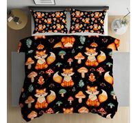 Jijliczc Housse de Couette 90x190cm Renard Mignon Champignon Parure de Lit Plantes Feuilles Animaux Housse de Couette avec 1 Taies d'oreiller, Housses Couette Convient aux Enfants et Adolescent