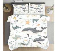 Jijliczc Parure de Lit 140x200cm Requin Dauphin Mignon Housse de Couette Doux avec Fermeture Éclair Créatures Marines Corail Housse Couette Respirant avec 2 Taies d'oreiller 65x65cm