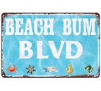 JIKSJVNA Beach Bum Blvd Plaque en métal vintage rustique avec lac, maison, chalet, cabane, grotte, décoration murale, panneau de plage 30,5 x 20,3 cm