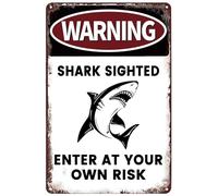 JIKSJVNA Panneau d'avertissement amusant en étain avec motif requin aperçu « Enter at Your Own Risk » avec panneau en métal dangereux pour décoration de piscine extérieure 30,5 x 20,3 cm