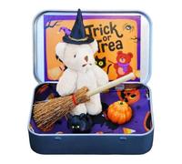 jileijar Ours d'Halloween dans une boîte, ours sorcière mignon dans une boîte, sorcière miniature avec balai, mini cadeau en peluche et citrouille animale