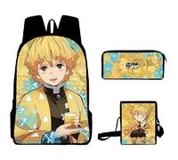 Jilijia Kamado Tanjiro Ensemble de 3 sacs d'école pour enfants et adolescents avec sac à déjeuner et trousse à crayons Motif dessin animé Tomioka Giyuu/Kamado Nezuko, Agatsuma Zen'itsu, 40x30x13cm