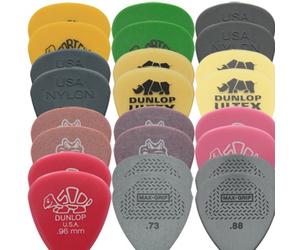 Jim Dunlop Lot de 24 plectres dans boîte à plectres Dirty Riffs 2 par type Tortex Nylon Ultrex Gator Delrin Max Grip Taille moyenne