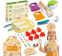 Jimadreams Kit Couteau Cuisine Enfant Montessori avec Tablier et Toque Ajustables - Ustensiles de Cuisine Enfant sans BPA, Set Couteaux Sécurisés, Kit Patisserie, Coffret Cadeau Petit Chef dès 3 Ans