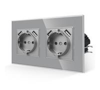 JIMEIDA Double prise avec USB en gris, prise en verre 16 A avec port USB-A, prise murale encastrée, 157 x 86 mm, 250 V