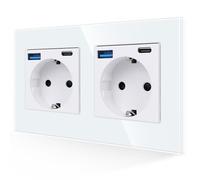 JIMEIDA Double prise USB blanche, prises Schuko en verre de 16 A avec connecteur USB à charge rapide et port de type C max. 3,1 A, prise murale à montage encastré -
