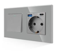 JIMEIDA Interrupteur avec prise USB grise, ports USB A et Type C max. 3,1 A, 1 bouton 1 voie avec plaque en verre, interrupteur à levier moderne en cristal, interrupteur mural, 10 A, 250 V