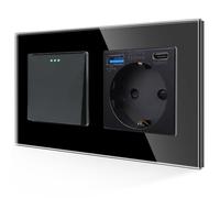 JIMEIDA Interrupteur avec prise USB noir, port USB A et port de type C max. 3,1 A, 1 compartiment 1 voie avec plaque en verre, interrupteur mural à bascule moderne en cristal, 10 A, 250 V