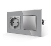 JIMEIDA Interrupteur de lumière avec prise grise, prises en verre de 16 A avec charge rapide USB et port de type C, 157 x 86 mm, 250 V