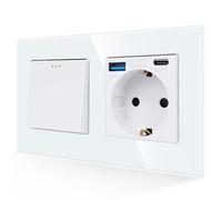 JIMEIDA Interrupteur d'éclairage avec prise USB blanc, port USB A et port de type C max. 3,1 A, 1 compartiment 1 voie avec plaque en verre, interrupteur mural à bascule moderne en cristal, 10 A, 250 V