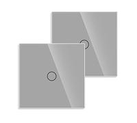 JIMEIDA Lot de 2 interrupteurs tactiles encastrables avec panneau en verre et LED d'état, pas de conducteur neutre nécessaire, interrupteur mural unipolaire à 1 bouton, CA 240 V, 500 W/bouton, gris