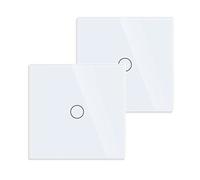 JIMEIDA Lot de 2 interrupteurs tactiles encastrables avec panneau en verre et LED d'état, pas de conducteur neutre nécessaire, interrupteur mural unipolaire à 1 bouton, CA 240 V, 500 W/bouton, blanc