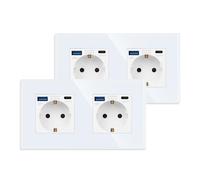 JIMEIDA Lot de 2 prises double avec USB blanc, prises Schuko en verre de 16 A avec connecteur USB de charge rapide et port de type C max. 3,1 A, prise murale à montage encastré -