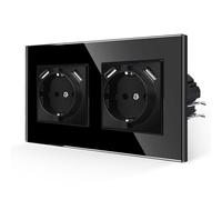 JIMEIDA Prise double avec USB en noir - Prise en verre 16 A avec port USB-A maximum 2,1 A - Prise murale encastrée - 157 x 86 mm - 250 V