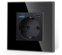 JIMEIDA Prise simple avec USB charge rapide de 20 W en noir, 16 A Prises Schuko en verre avec connecteur USB de charge rapide et port de type C, prise murale