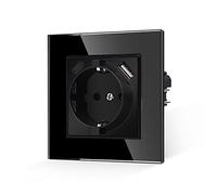 JIMEIDA Prise simple avec USB en noir, prises en verre 16 A avec port USB A et port de type C max. 2,1 A, prise murale encastrée 86 mm, 250 V