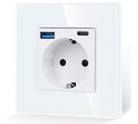 JIMEIDA Prise unique avec USB 20W, charge rapide blanche, 16 Amp en verre Schuko USB A et port de type C, encastré 86 mm, 250 V, 1 compartiment