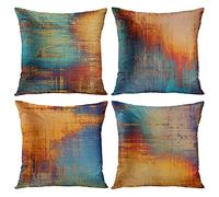 JIMOWANG Lot de 4 Coussins Housses d'Oreiller Vintage Abstrait Bleu et Orange Laiton Peinture Rouille Décoratives Décoration de la Maison 45 x 45 cm Taies d'Oreiller