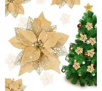 Jim's Cabin Lot de 12 poinsettias artificielles à paillettes pour décoration de sapin de Noël, papillons, décorations dorées (doré neuf)