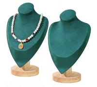 Jinavoty Lot de 2 présentoirs de colliers en velours avec base en bois - Buste à vendre - Organiseur de commerce domestique (vert foncé, moyen)