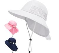 JinBei Bébé Chapeau de Soleil, UPF 50+ Anti-UV Réglable Unisexe Fille Garçon Blanc Casquette de Cou Protection, Tout-Petits Chapeaux de Seau Respirant Chapeau de Plage d'été, 3-24 Mois