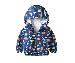 JinBei Bébé Garçon Manteau Capuche Veste Enfant Sweat-Shirt Dinosaure Blouson Zipper Poche Pull-Over Longue Manche Bleu Mince Manteaux Mignon Outwear Printemps Automne Coupe-Vent 1-2 Ans