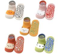 JinBei Chaussettes Antiderapantes Enfant, 5 Paires Coton Respirable, avec Fond en Silicone Antidérapantes, Motif Animaux Unisexe Chaussettes, pour Bébé Fille et Garçon 1-3 ans