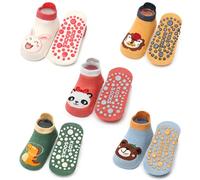 JinBei Chaussettes Antiderapantes Enfant 5 Paires Coton Respirable avec Fond en Silicone Antidérapantes, Motif Animaux Unisexe Chaussettes, pour Bébé Fille et Garçon 1-3 ans