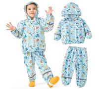 JinBei Combinaison de Pluie Garçon Léger Imperméable Enfants Respirant Ensemble Pluie à Réfléchissant Pantalon et Veste à Capuche Pliante Costume Modèle Dinosaures 2 Pièces Bleu 4-5 Ans