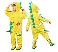 JinBei Enfant Imperméable à Capuche Combinaison de Pluie Garçon Manteau Veste Pantalon 3D Dinosaure Jaune Animé Cape Léger Rayure Réfléchissante Rétro Randonnée Outdoor Imperméables 2-4 Ans