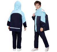 JinBei Enfants Imperméable à Capuche, Garçon Léger Veste de Pluie et Pantalon Combinaison avec Bandes Réfléchissante Costume Pliante 2 Pièces Vêtements de Pluie pour Écoles Camping, 13-14 Ans