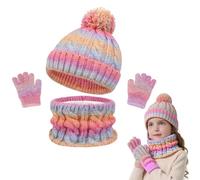 JinBei Ensemble Bonnet Écharpe Gants Enfant 3 Pièces Doux Tricoté Tour de Cou Chaud Bonnet avec Pompon Snood Gants Hiver Accessoires Set pour Fille Garçon Couleur Dégradée 3-10 ans