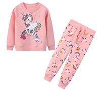 JinBei Ensemble de Survêtement pour Enfants Sport Fille Licorne Rose Arc-en-ciel Cheval Coton Manche Longue Casual 2 Pièces Sweat-shirt Pantalons et Haut Pullover Jogging Sportswear 6-7 Ans