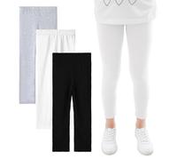 JinBei Fille Leggings Extensible Respirants Doux Modal Pantalon Long, Lot de 3, Gymnastique Danse Cycliste École Sport Legging Pants Enfants Extérieur Vêtements 8-9 Ans, Noir, Blanc, Gris