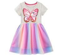 JinBei Fille Robe Ete Elegante Coton Manche Courte Simple Robes Papillon Motif Ecole Enfant Princesse Casual T-Shirt Occasionnel Robes Vêtements 4-5 Ans Gris