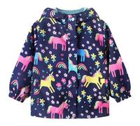 JinBei Filles Manteaux Imperméable, Respirant Cheval Animal Imprimée Enfant Veste Coupe Vent à Capuche Blouson de Pluie Léger Doublé de Doux Printemps Automne pour Enfants 6-7 ans, Bleu Marine