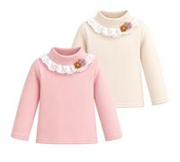 JinBei Haut Thermique Filles Chaud Doublure Polaire, Lot de 2, 1-8 Ans | Manches Longues Couche de Base, Col Roulé, Fleurs Brodées, Maillot Thermique en Côtes, Automne, Hiver, Casual, École, Sport