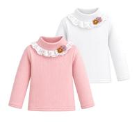 JinBei Haut Thermique Filles Chaud Doublure Polaire, Lot de 2, 1-8 Ans | Manches Longues Couche de Base, Col Roulé, Fleurs Brodées, Maillot Thermique en Côtes, Automne, Hiver, Casual, École, Sport